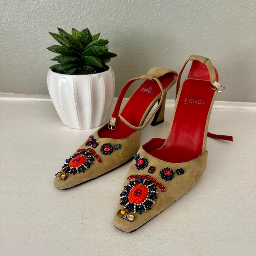Fendi Embellished Suede Heels – Size 6.5, Made in Italy